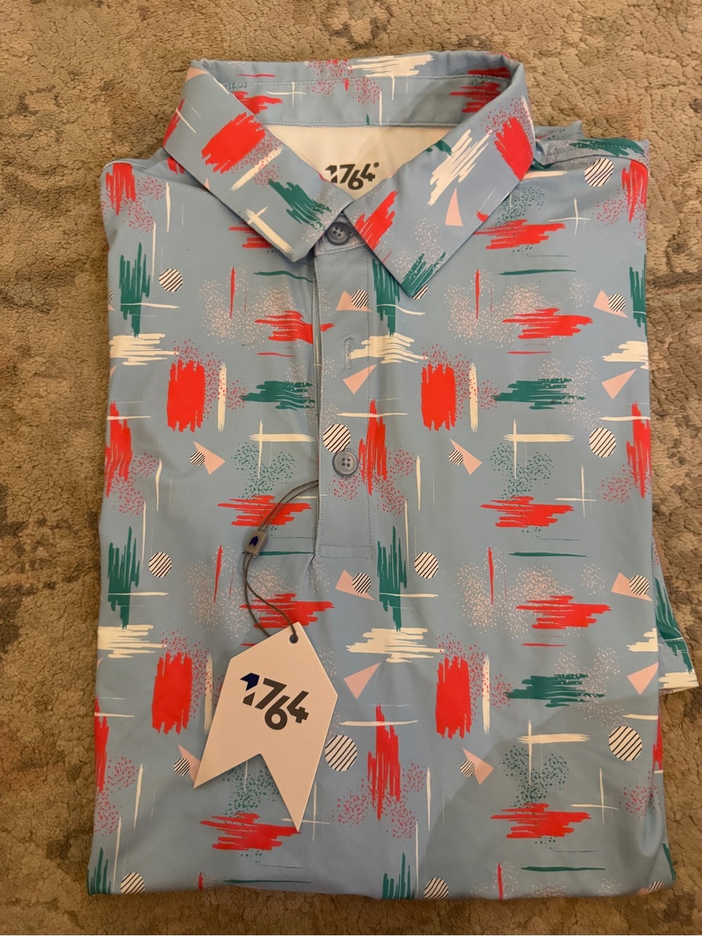 1764 Men’s Light Blue Short-Sleeve Polo with Abstract Print